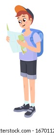 Cute boy tourist with a backpack standing with a map in his hand. Vector graphics.