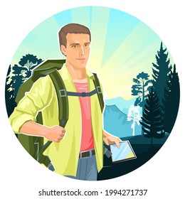 Cute boy tourist with a tablet navigator. Backpack. Against the backdrop of a beautiful landscape. Mountains and coniferous forest. A man in travel. Flat style. Adventure. Illustration. Vector