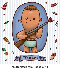 cute boy with a toy rifle, in frame, with pattern on background,vector