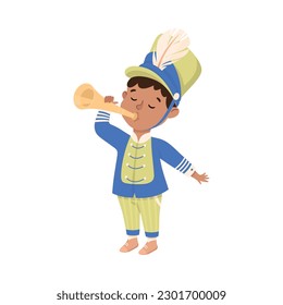 Cute boy in traditional costume playing trumpet musical instrument in marching band parade cartoon vector illustration