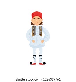 Cute boy in traditional Greek costume. Smiling kid wearing national clothes. Colorful flat vector design