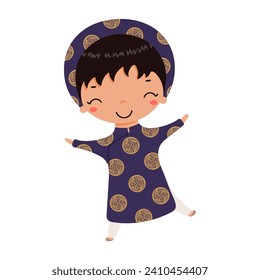 Niño lindo con ropa tradicional vietnamita ao dai ilustración del personaje. Dibujo manual de ilustración vectorial. Diseño de estilo plano. Tarjeta de vacaciones de Año Nuevo Tet, afiche, elemento de banner