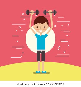 cute boy training lifting dumbbell fitness