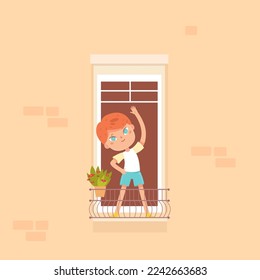 Entrenamiento infantil en balcón con plantas, flores e ilustración vectorial de ventana abierta. Caricatura de niños pequeños deportistas estirándose, haciendo ejercicios deportivos y entrenamiento diario saludable en verano aire fresco