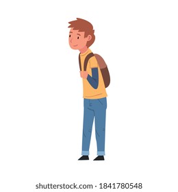 Cute Boy Traveler Standing with Backpack, School Student Vector Illustration