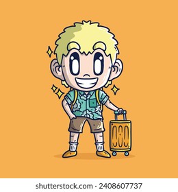 Cute boy travelling on holidays cartoon vector illustration. Hand drawn vector illustration. EnrouteFrance