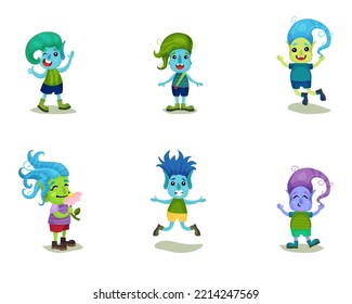 Cute Boy Troll Character with Different Skin and Hair Color Vector Set