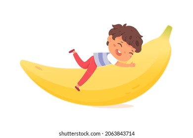 Cute boy and tropical banana fruit, healthy sweet dessert food vector illustration. Cartoon small kid character sleeping and hugging exotic fruit, lying on big yellow ripe banana isolated on white