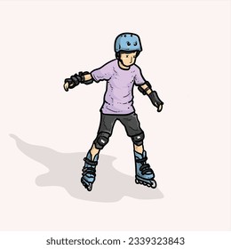 Cute boy trying roller skate on Pink Background vector modern illustration