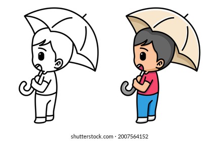 Cute boy with umbrella coloring page for kids