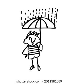 un chico lindo con un paraguas parado bajo la lluvia. Ilustración del doodle vectorial