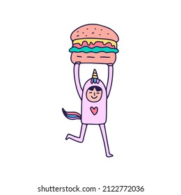 Cute boy in unicorn costume lifting a burger, illustration for t-shirt, sticker, or apparel merchandise. With doodle, soft pop, and cartoon style.