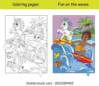 Cute boy and unicorn surf on the waves. Coloring book page for children with colorful template. Vector cartoon isolated illustration. For coloring book, education, print, game, decor, puzzle, design