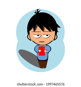 cute boy upset holding book