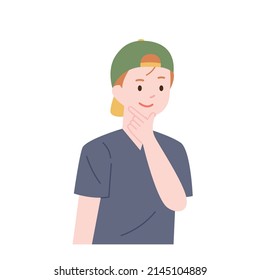 A cute boy in an upside down cap is thinking with his hand on his chin. flat design style vector illustration.