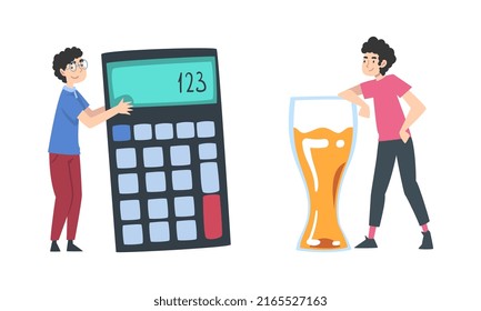 Cute boy using big calculator. Young man with big glass of beer cartoon vector illustration
