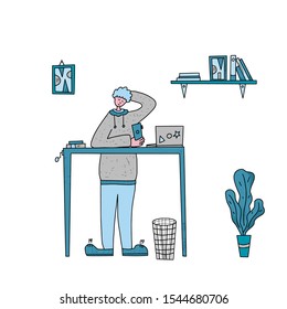 Cute boy using his phone for social media network.  Young man standing at the desk with laptop and holding the phone. Vector  color illustration.