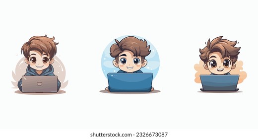 Cute boy using laptop computer. Vector illustration set in cartoon style.