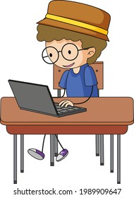 Niño lindo usando ilustración de personajes de dibujos animados con doodle para portátiles