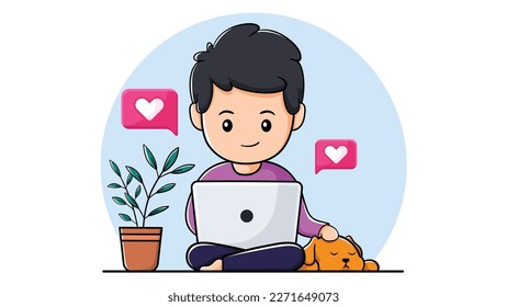 Cute boy using laptop with pet dog. concept of viewing social media and watching video. vector illustration