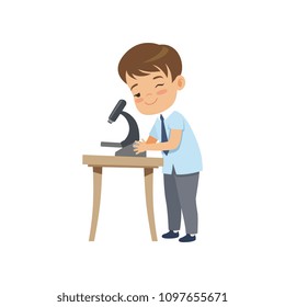Cute boy using microscope at lesson, pupil in school uniform studying at school vector Illustration on a white background