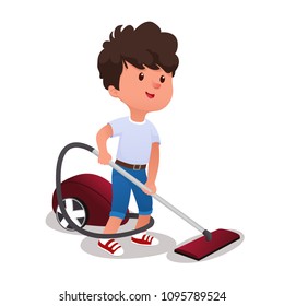 Cute Boy With Vaccuum Cleaner Isolated On White Background. Cartoon Vector Illustration