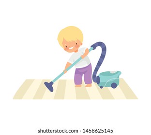 Cute Boy Vacuuming Carpet, Adorable Kid Doing Housework Chores at Home Vector Illustration
