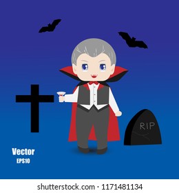 Cute Boy In Vampire Costume With Cross, Gravestone, Bats. Flat Cartoon Vector Illustration. Halloween Concept.