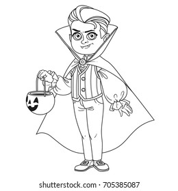 Cute boy in vampire costume with a pumpkin bag for sweets trick or treat outlined for coloring page