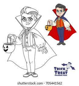 Cute boy in vampire costume with a pumpkin bag for sweets trick or treat color and outlined for coloring page