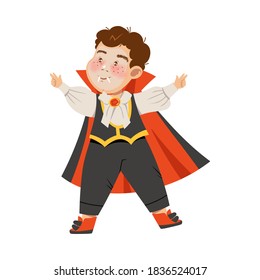 Cute Boy in Vampire Halloween Costume, Little Child Dressed as Count Dracula, Happy Halloween Party Festival with Kid Trick or Treating Cartoon Vector Illustration