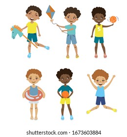 Cute boy vector cartoon style set. Happy kids playing with ball, horse stick and having fun cartoon illustration.