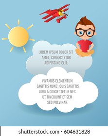 Cute boy Vector illustration. Banner with funny cartoon kid. blank template for your design.Vector Paper art of cloud and plane flying in the sky.