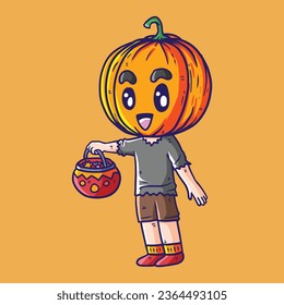 Cute Boy Vector Illustration in Halloween Jack-o'-lantern Costume to go Trick or Treating. Happy Halloween.