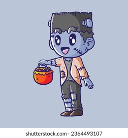 Cute Boy Vector Illustration in Halloween Frankenstein Costume to go Trick or Treating. Happy Halloween.