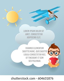 Cute boy Vector illustration.  Paper art of cloud and plane flying in the sky. Banner with funny cartoon kid. Blank template for your design.