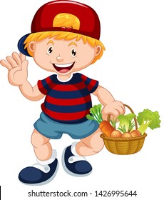 Cute boy with vegetable basket illustration