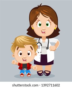 Cute boy visiting doctor in clinic. Pediatrician woman with stethoscope standing after medical examination, health check of young patient. Vector cartoon illustration isolated on grey background.