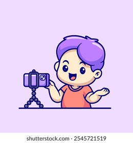 Cute Boy Vlog With Phone Cartoon Vector Icon Illustration. 
People Technology Icon Concept Isolated Premium Vector. 
Flat Cartoon Style 