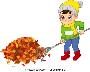 Muchachos voluntarios limpiando hojas de otoño