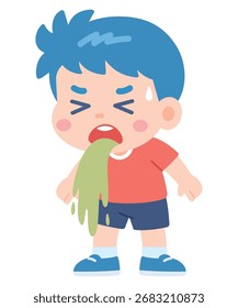 Niño lindo que vomita – Ilustración vectorial plana de la historieta