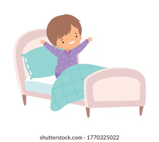 Cute Boy Waking Up and Yawning in the Bed, Preschool Kid Daily Routine Activity Cartoon Vector Illustration