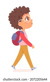 Cute boy walking with backpack to school vector illustration. Cartoon little funny child schoolboy character in glasses going to study, walk of elementary pupil kid in side view isolated on white