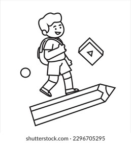 Cute boy walking with backpack to school vector illustration. Cartoon little funny child schoolboy character going to study, side view isolated on white