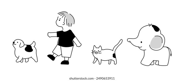 Cute boy walking with dog, cat and elephant vector illustration