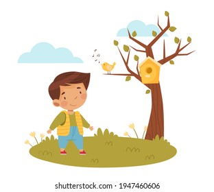 Cute Boy Walking Outdoor and Enjoying Spring Time with Flora Blooming and Bird Singing Vector Illustration