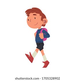 Cute Boy Walking at School with Backpack, Preschool Kid Daily Routine Activity Cartoon Vector Illustration