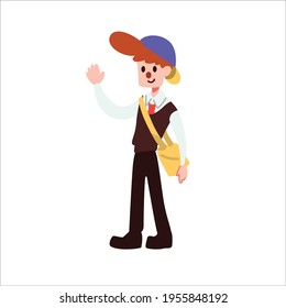 A cute boy walking to school with school uniform white isolated background flat vector illustration. Welcome back to school concept.