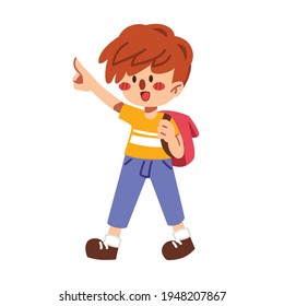 Un chico lindo caminando a la escuela blanco aislado fondo ilustración plana vectorial. Bienvenidos de vuelta al concepto escolar.
