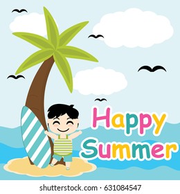 Cute boy want to surf on the beach vector cartoon, Summer postcard, wallpaper, and greeting card, T-shirt design for kids